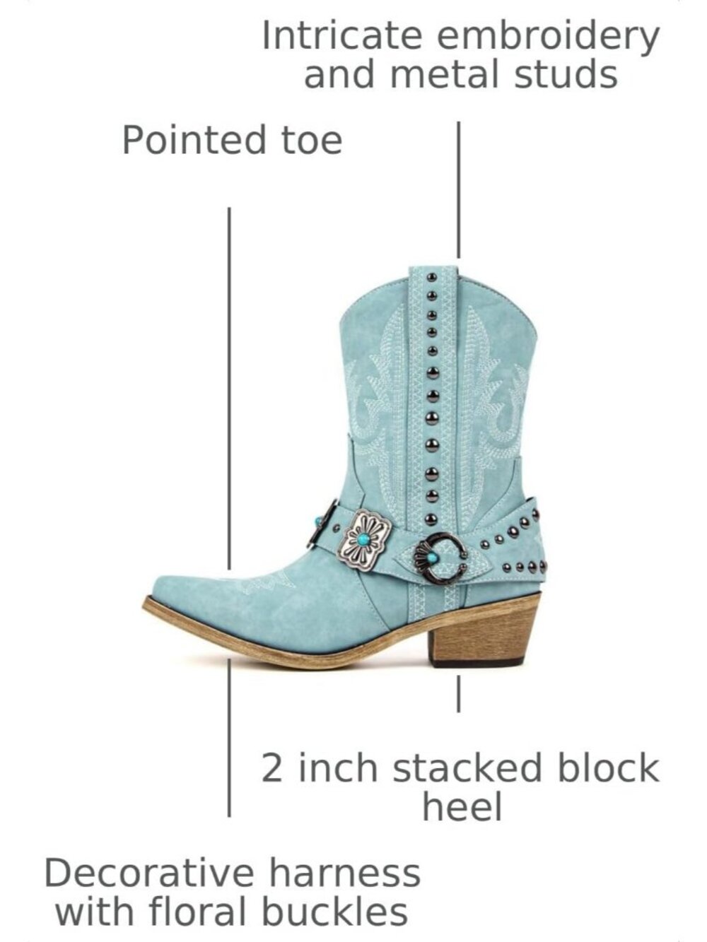 Women's Turquoise Ankle High Block Heel Pointed Toe Cowboy Rodeo Concert Boot